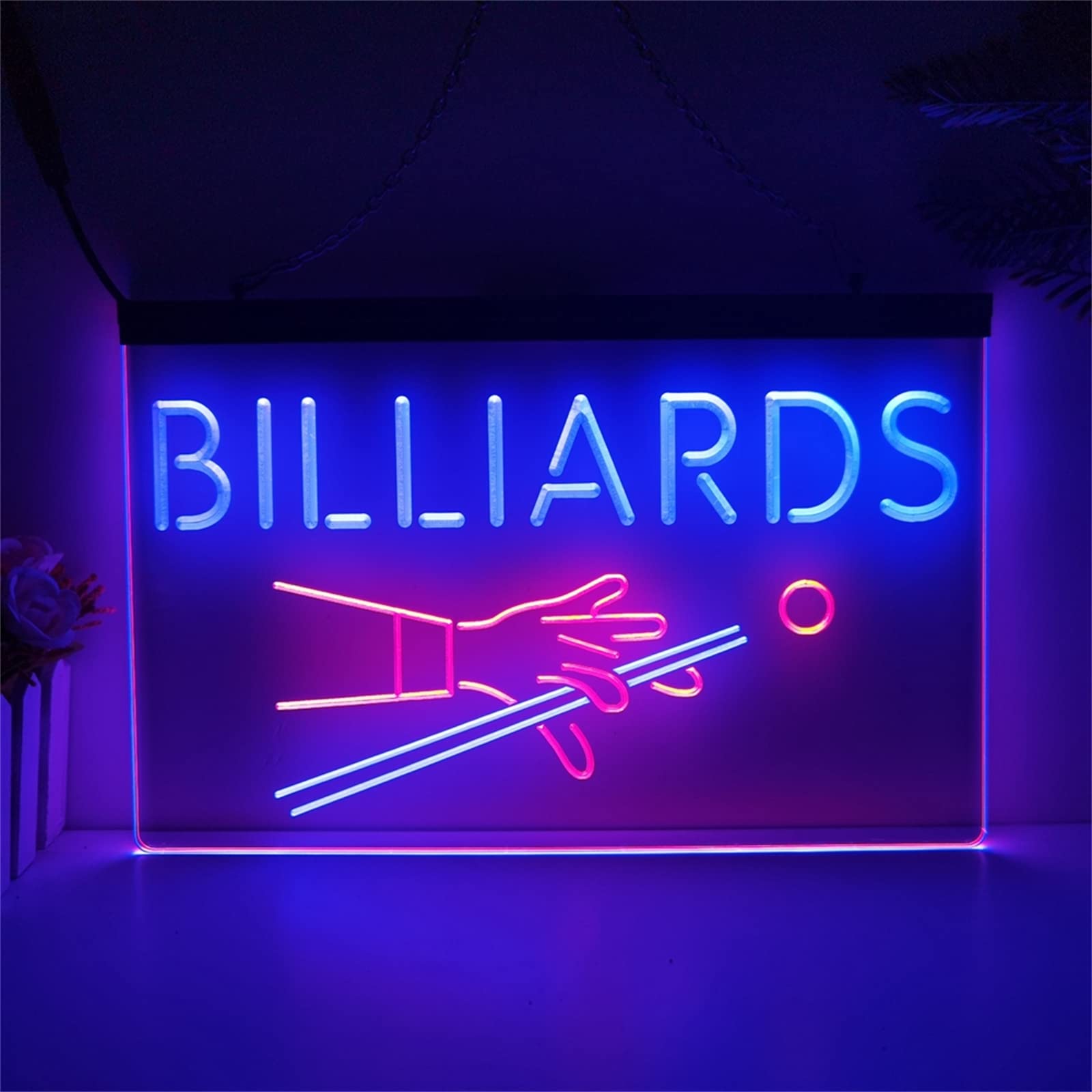 REWIS Cartel de neón LED con Soporte de Mano de Billar, Luces de neón grabadas en 3D de Doble Color USB Personalizadas, para Sala de Juegos de Billar Colgante Regulable Decorativo,Blue Red,40x30cm