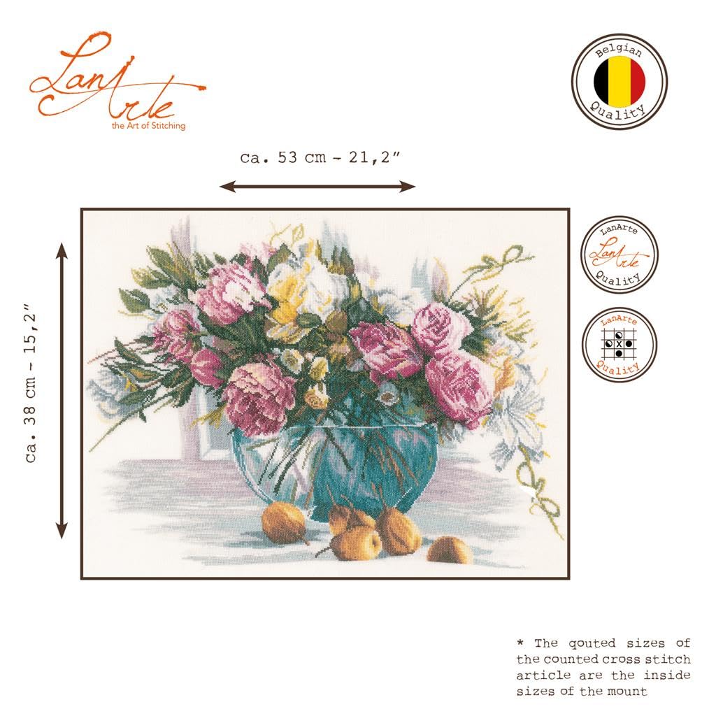 LANARTE Haft Krzyżykowy Liczony Zestaw Obraz do Haftu KWIATY Zrób to Sam Zestaw Kreatywny dla Dorosłych Rękodzieło Artystyczne 53 x 38 cm Dekoracja Ścienna DIY Cross Stitch Kit
