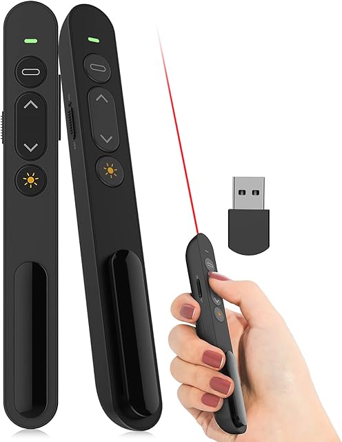 Presentation Clicker, Wireless Presenter Remote with Red Light, Hyperlink, Volume Control - 2.4GHz PowerPoint Clicker for Classroom, Lecture Hall, Conference Room, Exhibition Hall, etc.
