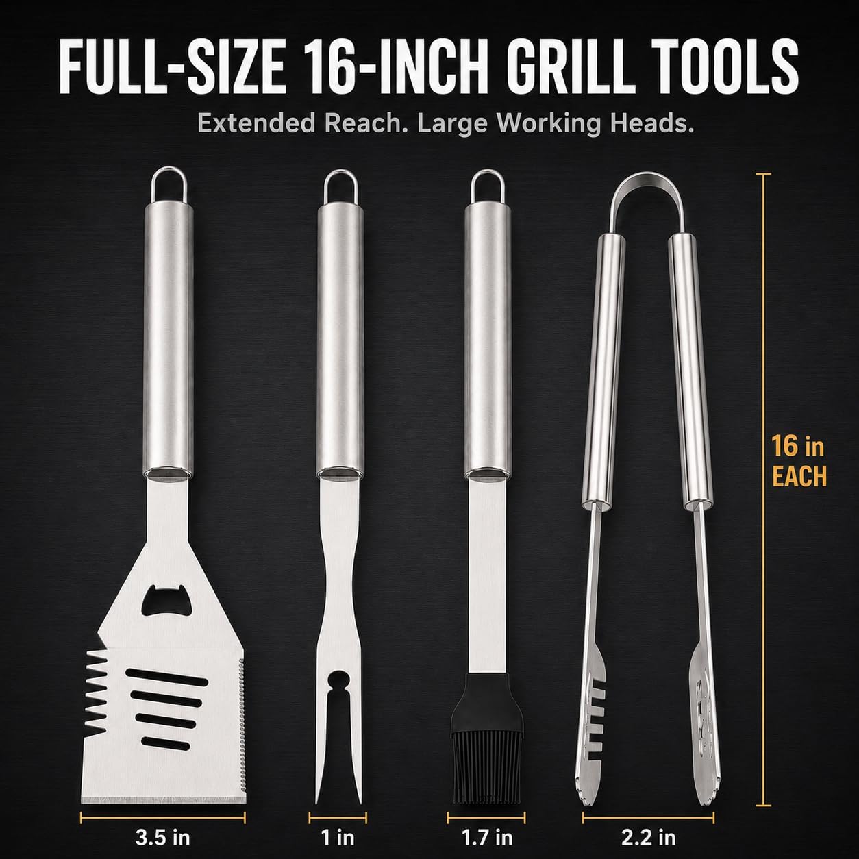 16-Inch BBQ Grill Tools Set, 4-Piece Stainless Steel Utensils image 2