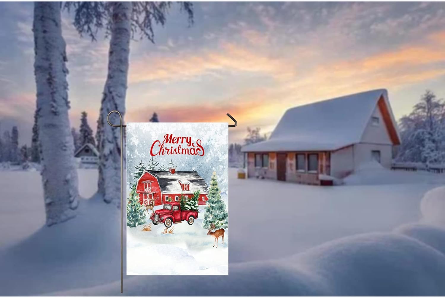 Merry Christmas Garden Flag Red Truck Barn Farm 12 x 18 Inch Double Sided Winter Snow Vintage Pickup Christmas Tree Deer Elk House Yard Flag Rustic Farmhouse Outside Decor New Year Xmas Holiday Yard - Image 5