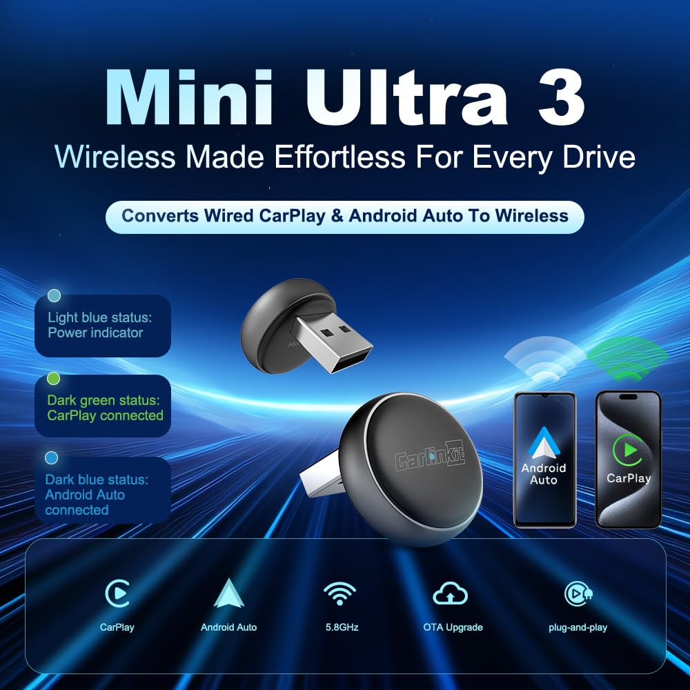 Carlinkit bezprzewodowy adapter CarPlay i Android Auto - Mini Ultra 3 Konwerter OEM przewodowego na bezprzewodowy Dongle dla iPhone i Android 11+, złącze USB-A/Type-C Plug & Play, szybkie połączenie
