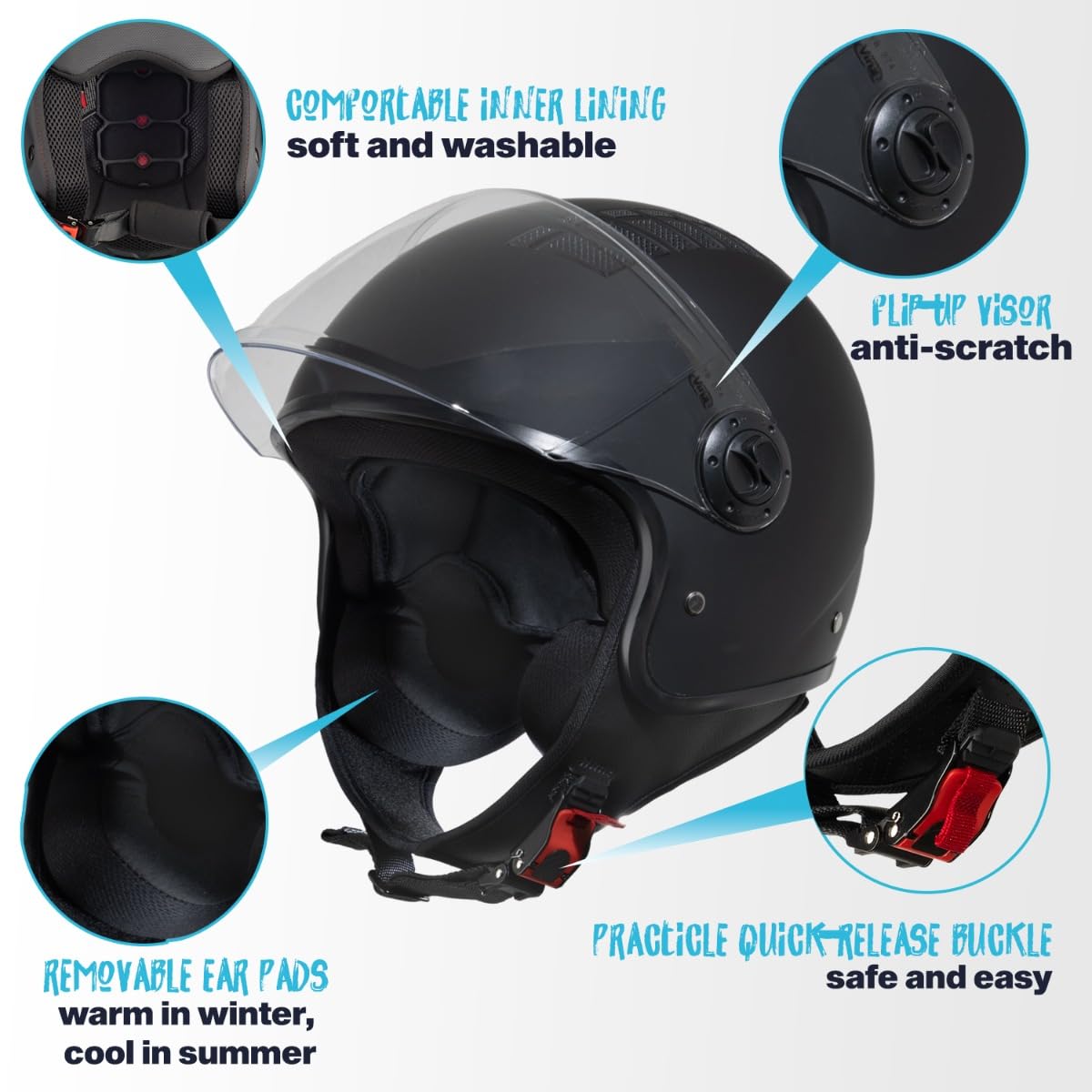 VINZ Como Jethelm mit Visier ECE 22.06 Zertifiziert | Roller Helm Mopedhelm Für Motoroller & Vespa | Herren & Damen | Motorradhelm in XS-XL | Erhältlich in 4 Farben