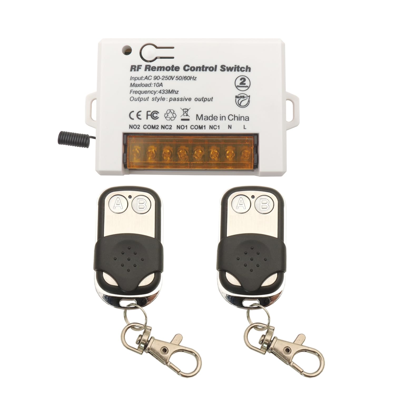 DieseRC 2 Channels Wireless Relay Remote Control Switch 433Mhz RF AC 240V 220V 10A Relay Receiver with 2 Transmitters Keyfob, Big Terminal Easy Wiring