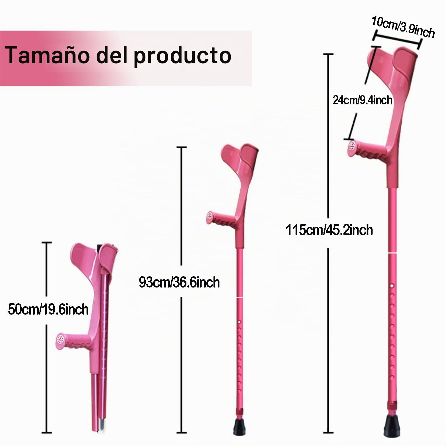 Muletas Ortopédicas Plegable, Muletas para Caminar Rosa para Mujeres, Muletas de Brazo para Adulto (1 Unidad, Manguito Abierto), Altura Regulables