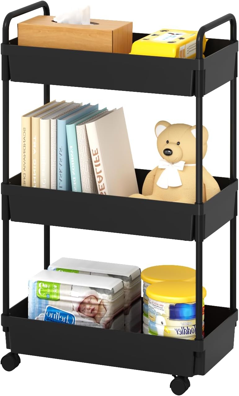 3-Tier Storage Cart?Shelf Organizer Mobile Shelving ?Utility Rolling Cart?Multifunction Movable Storage Organizer with Lockable Wheels,Black 3 Tier Black
