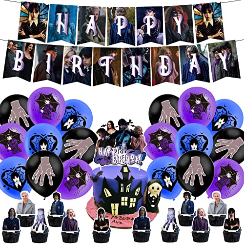 Wonlonda Wednesday Birthday Party Decorations Supplies including Happy Birthday Banner Balloons Cake Toppers for Birthday Decorations