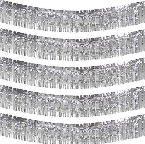 10 Feet Long Roll Silver Foil Fringe Garland - Pack of 5 | Shiny Metallic Tassle Banner | Ideal for Parade Floats, Bridal Shower, Bachelorette, Wedding, Birthday | Wall Hanging Fringe Garland Banner