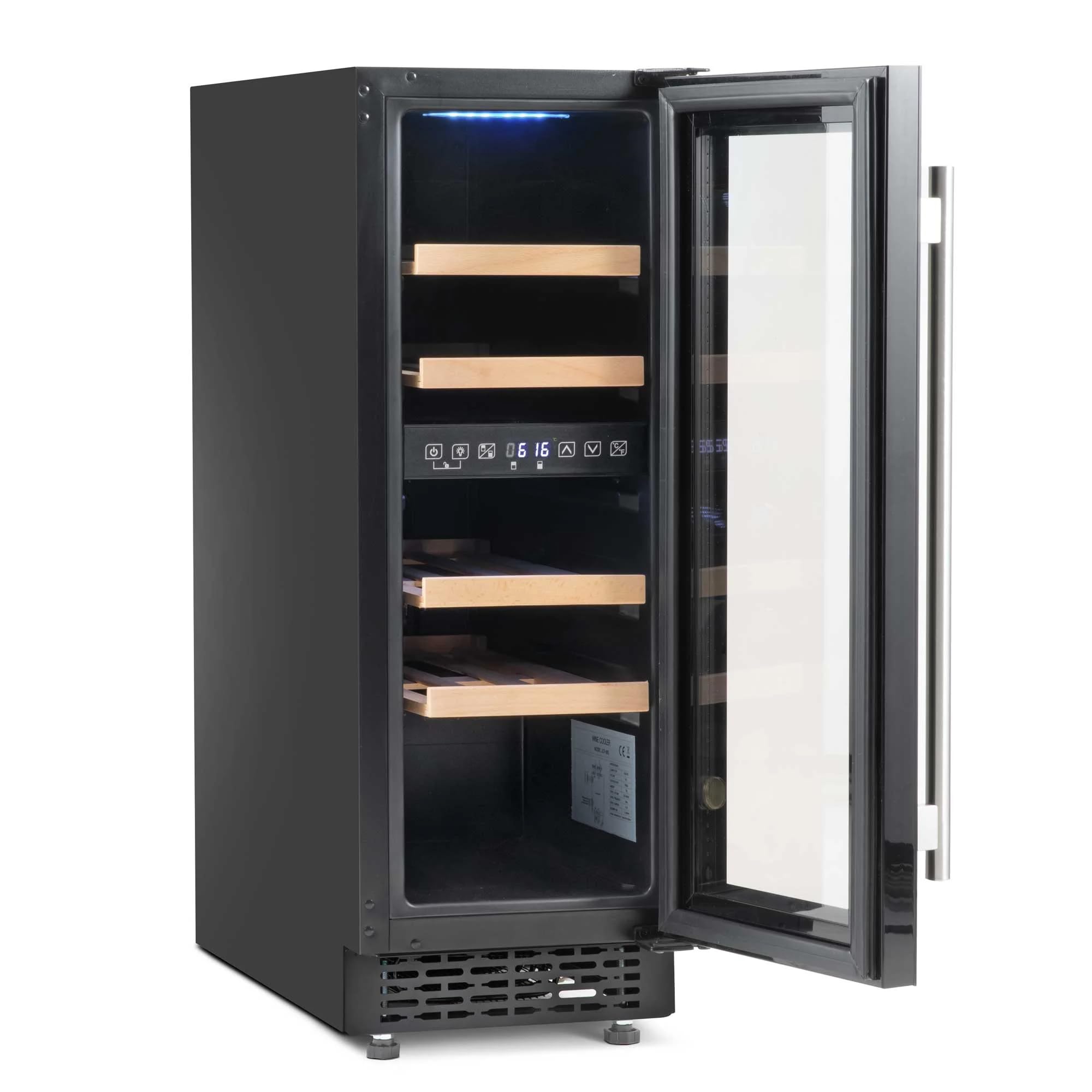 Baridi 17 Bottle Dual Zone Slim Built-In 30cm Wine Cooler, Touch Screen Controls, Wooden Shelves, LED, Black - DH204 — view 7