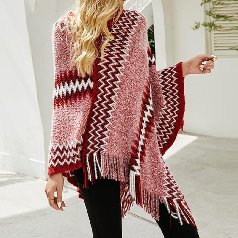 Women's Soft Knitted Zig Zag Patterned Tassel Batwing Poncho Sweater Pullover Wraps Cape - Image 4