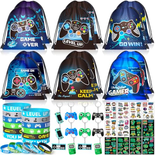 vamei 48 Piezas Videojuegos Regalos Cumpleaños Niños Colegio Relleno Piñata con Mochila Cuerdas Bolsas de Regalo Llaveros Pulseras de Silicona Tatuajes Kit Fiesta Gaming Detalles Cumpleaños
