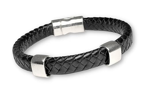 Black Braided Leather and Silver Bracelet with Magnetic Clasp for Men and Women