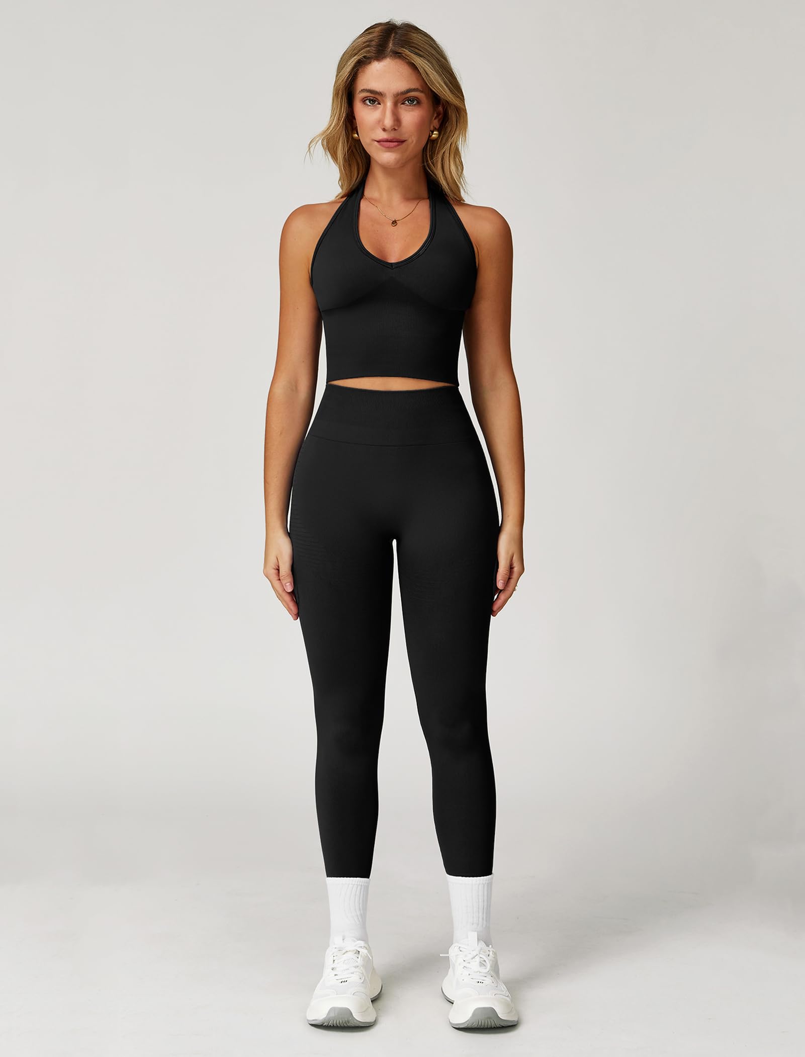 Odizli Set sportivo da donna, con scollo a V, reggiseno a vita alta, leggings da palestra, fitness