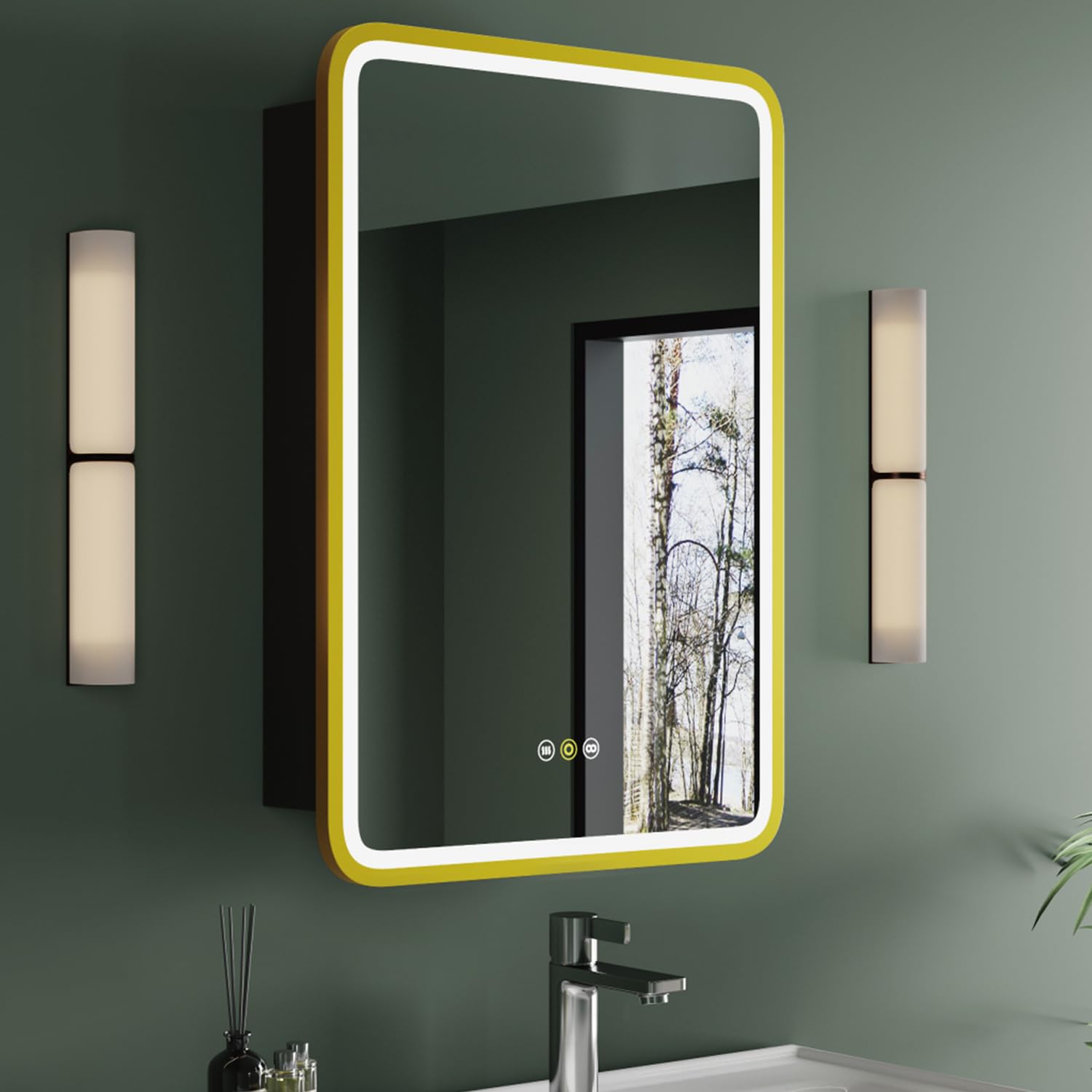 Amazon.com: HBEZON Medicine Cabinet with LED Lights and Mirror, 16W x 28H  Inch Wall or Recessed Mounted Bathroom Cabinet with Left Hinge, Storage  Shelf, Defogger, Memory Function, 3-Color Mode, Dimmer, Gold :