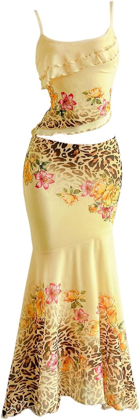 Verdusa Women's 2 Piece Floral Leopard Print Outfit Layered Ruffle Cami Top and Fishtail Maxi Skirt Set Vacation Outfits - Image 5