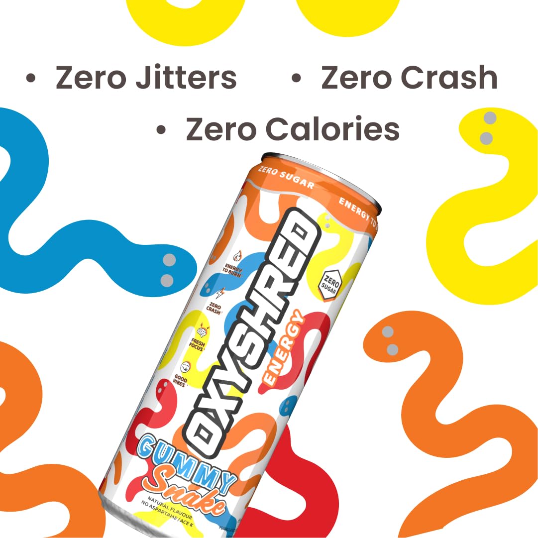 EHP Labs OxyShred Healthy Energy Drink - Zero Sugar Energy Drinks with Amino Acids, Green Tea Extract, Vitamin C & L Carnitine - Zero Carbs, Zero Calories, Clean Caffeine, Gummy Snake (12-Pack)