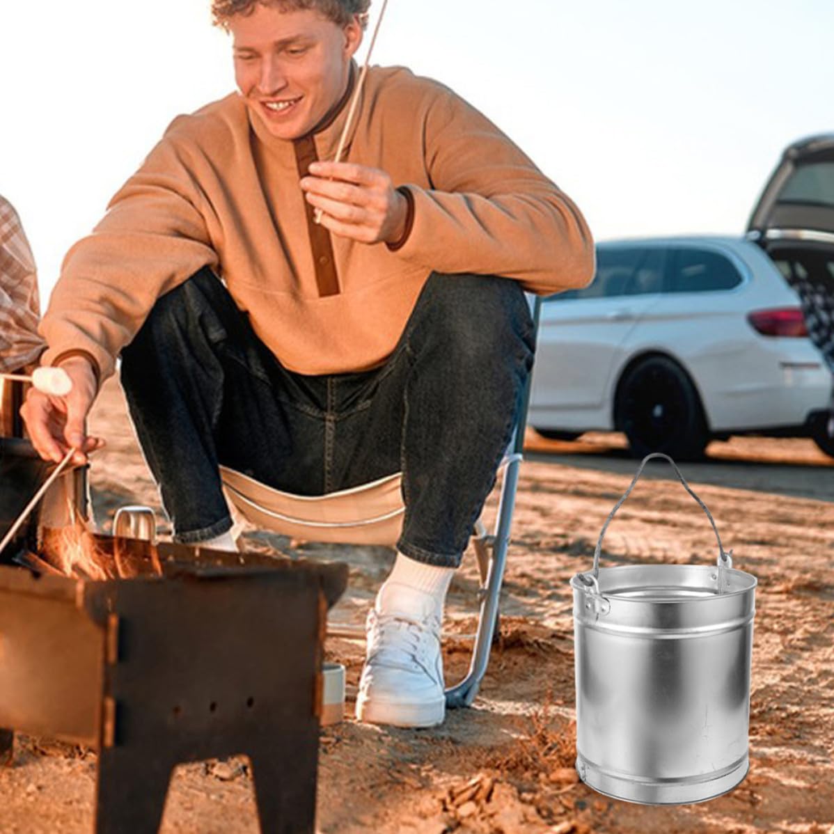 Homoyoyo Secchio in Ferro Vintage Argento con Manico Resistente e Portatile, Forma Rotonda, Grande Capacità per Campeggio e Uso Domestico