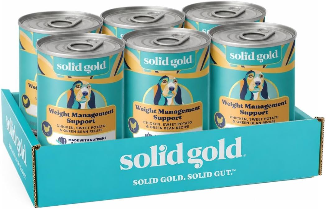 Solid Gold Weight Management Dog Food Wet - High Fiber Grain Free Dog Food Wet Recipe w/Real Chicken, Sweet Potato & Green Beans - Healthy Weight & Gut Health Support for Dogs - 6ct/12.5oz Cans