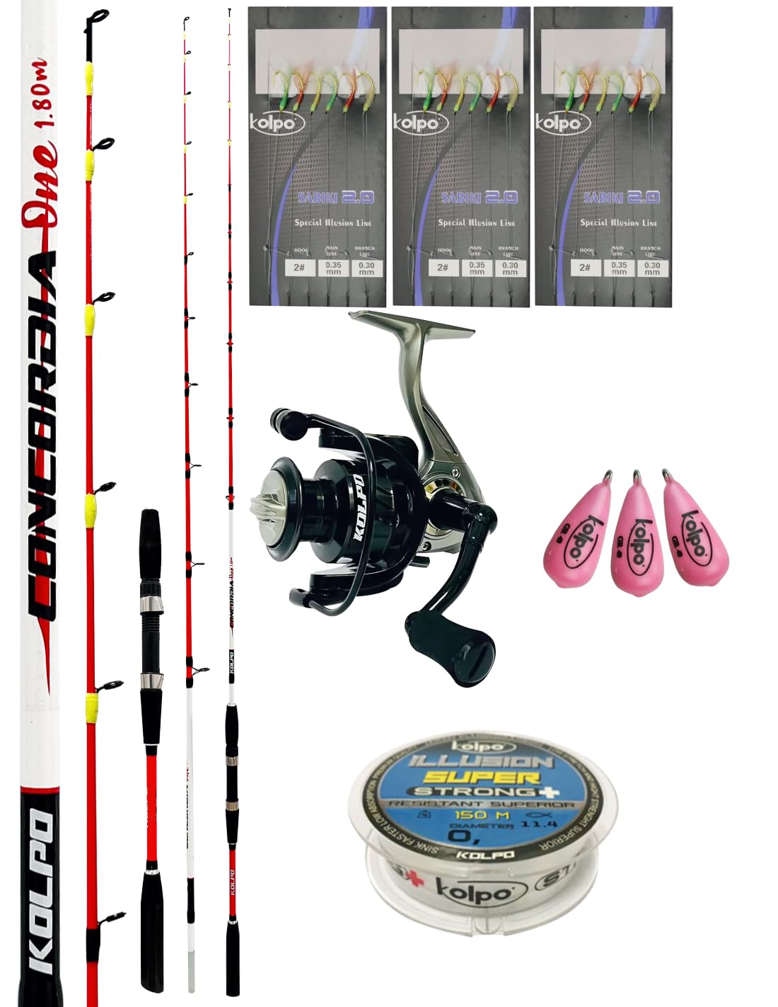 kolpo combo da pesca in mare con canna 2 sezioni + mulinello + filo + 3 lenze pronte sabiki + 3 piombi