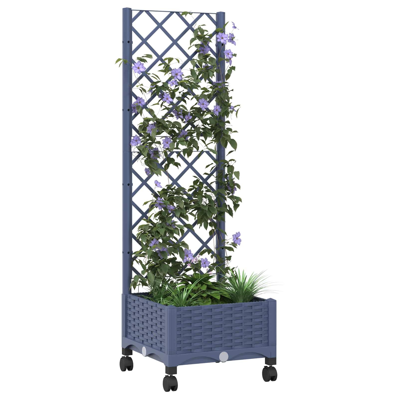 Pflanzkübel mit Spalier und Rädern Blaugrau 40 x 40 x 131,5 cm wetterbeständiger Gartentopf für Balkon und Terrasse mit integrierter Rankhilfe, Drainage, beweglichen Rädern