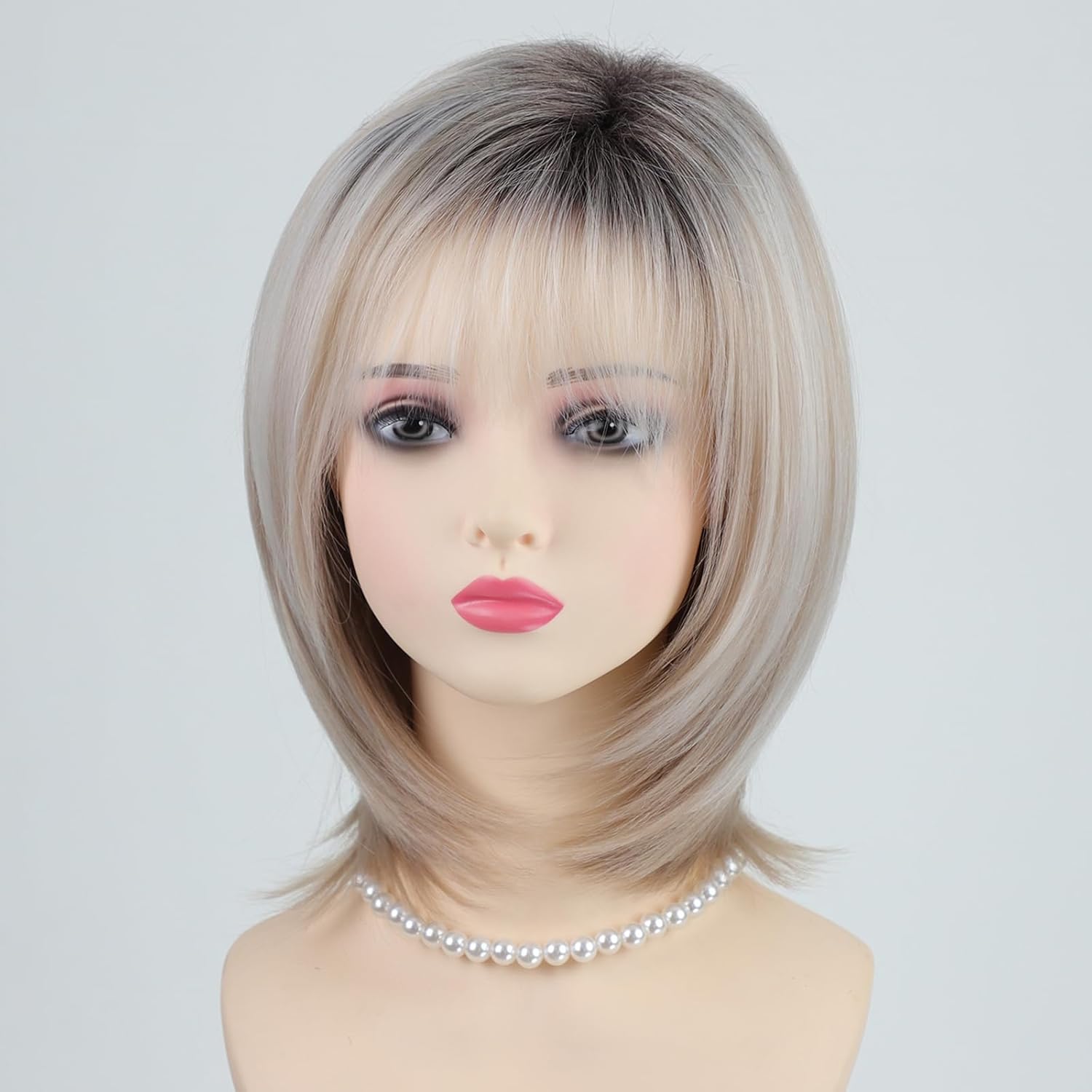 RENERSHOW Layered Mid-length Mix Blonde Bob Wig with Bangs Straight Heat Synthetic Wigs for White Women 12-inch Adjustable Average Size Natural Looking Daily to Party Ombre Wig - Image 9