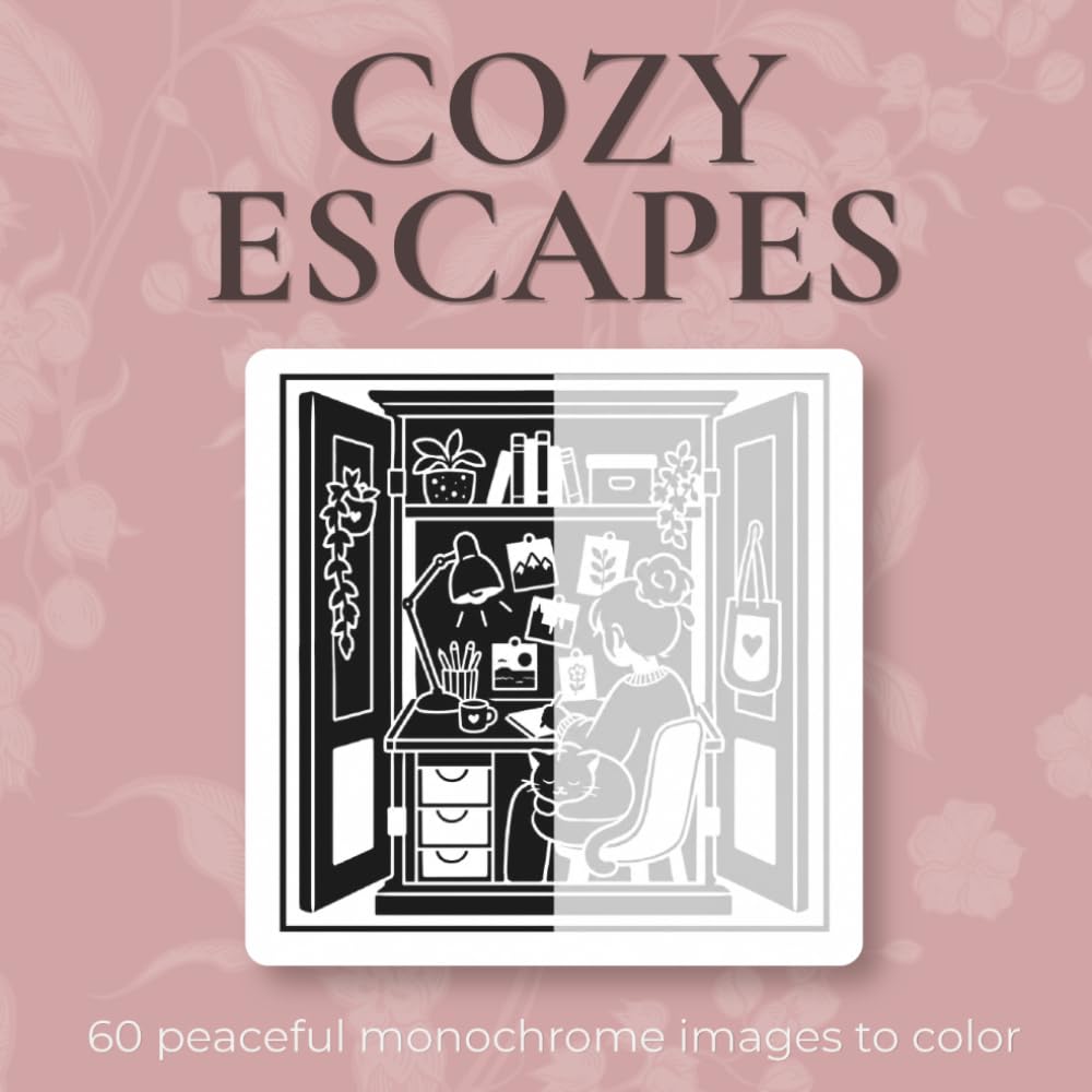 Cozy Escapes - Monochrome Coloring Book: 60 Peaceful Monochrome Pages to Color