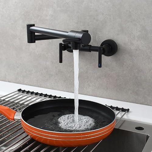 WIQUYBML Modern Wall-Mounted Kitchen Faucet Pull-Down Sink Mixer Space-Saving & Foldable Design Swivel Brushed Nickel Single Handle (Black) - Ideal for Contemporary Kitchens