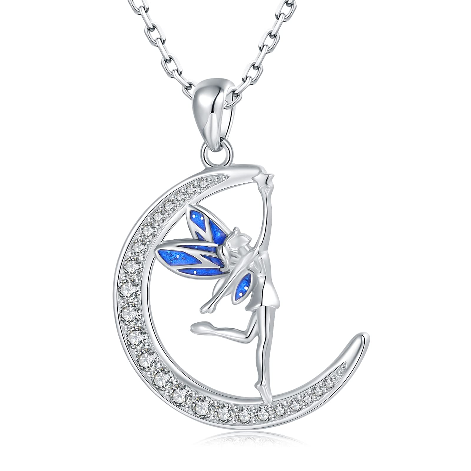 Moon Fairy Pendant Necklace for Girls - 925-Sterling-Silver Crescent Moon Fairy Jewelry Gifts for Girls, Delicate Elf Fairy Playing on The Moon Pendant Necklaces for Women