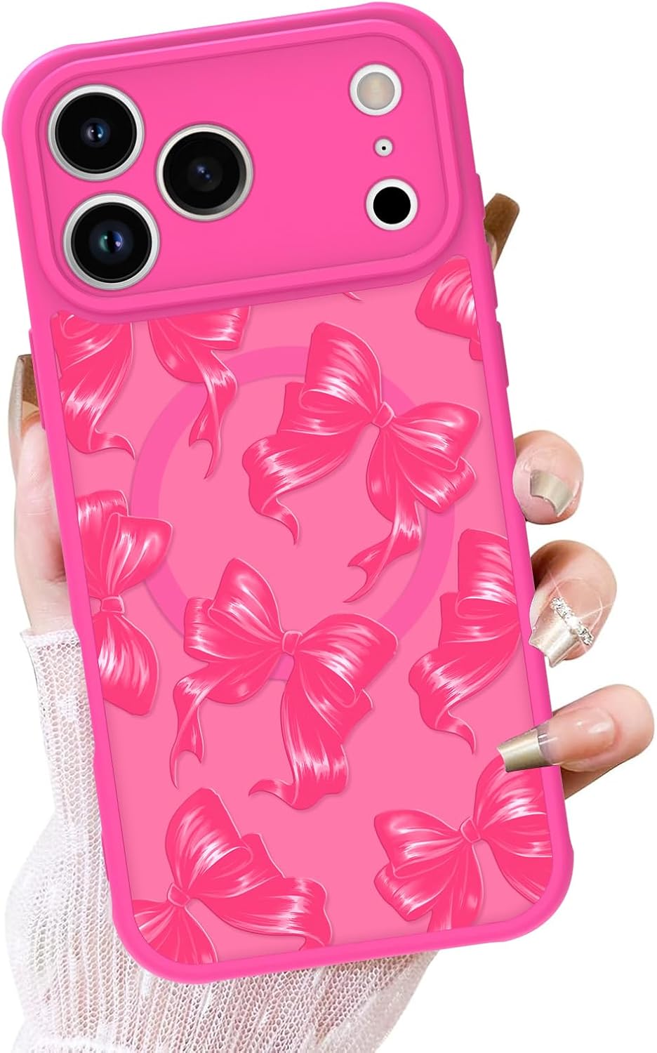 OOK Frosted Magnetic Case for iPhone 17 Pro Max, Cute Hot Pink Bows