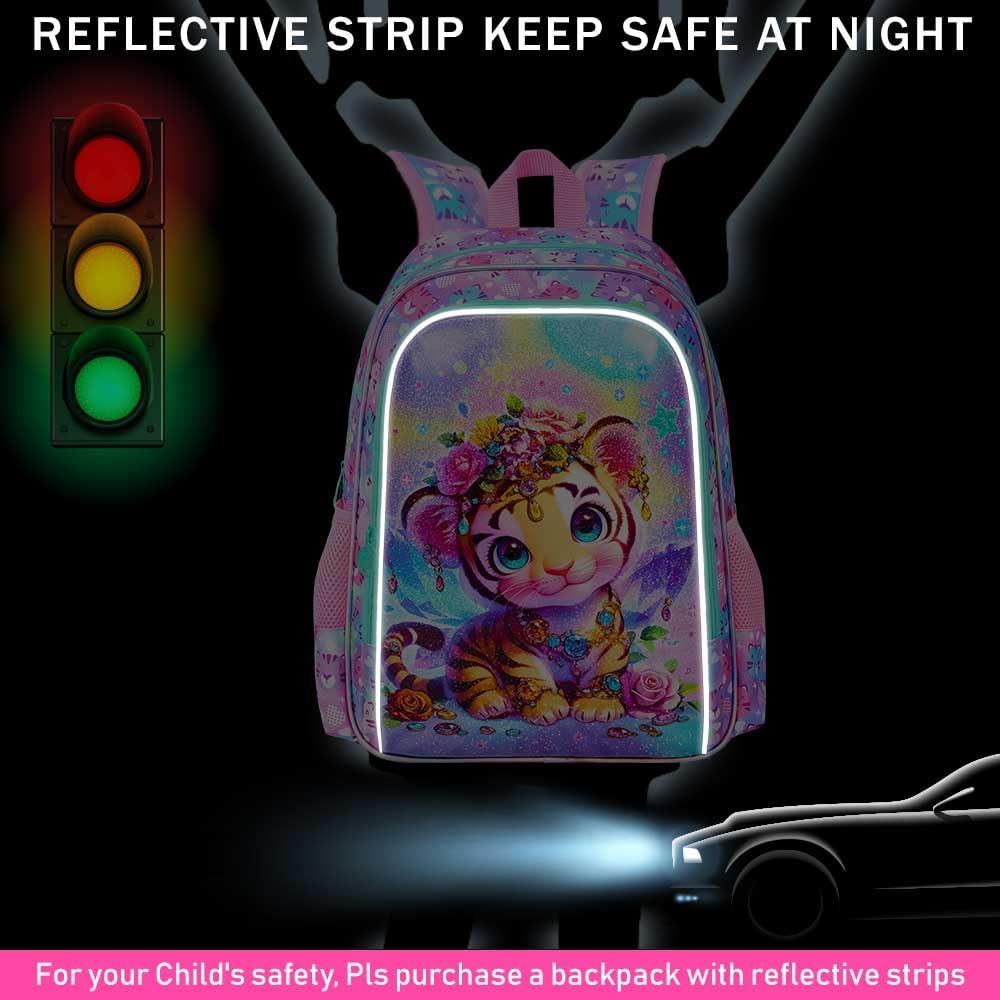 3Pcs Tiger Backpack for Girls, 16" Kids School Backpacks with Lunch Box, Bookbag for Elementary Preschool Kindergarten(Pink) - Image 3