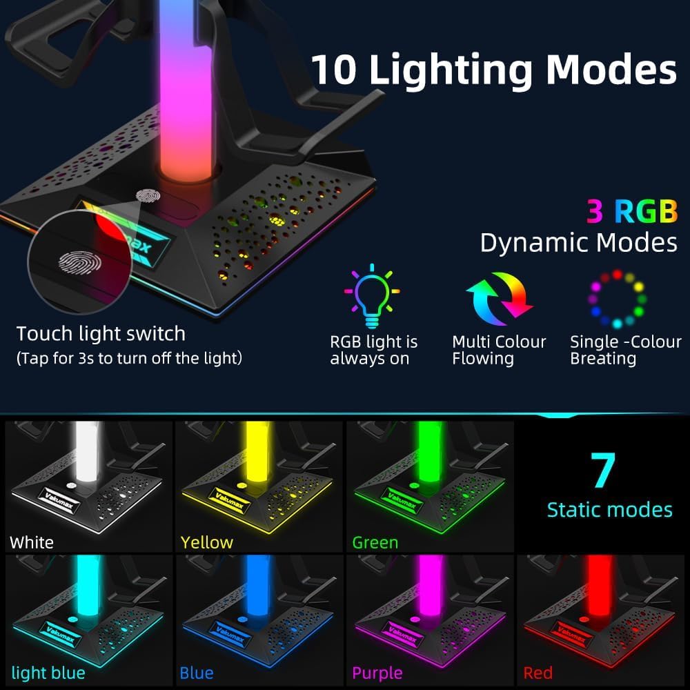 Supporto RGB per cuffie e controller con hub di ricarica USB, supporto per cuffie da gioco per scrivania, 2 porte USB-A e USB-C, contiene 4 controller, 10 modalità di illuminazione per PS5