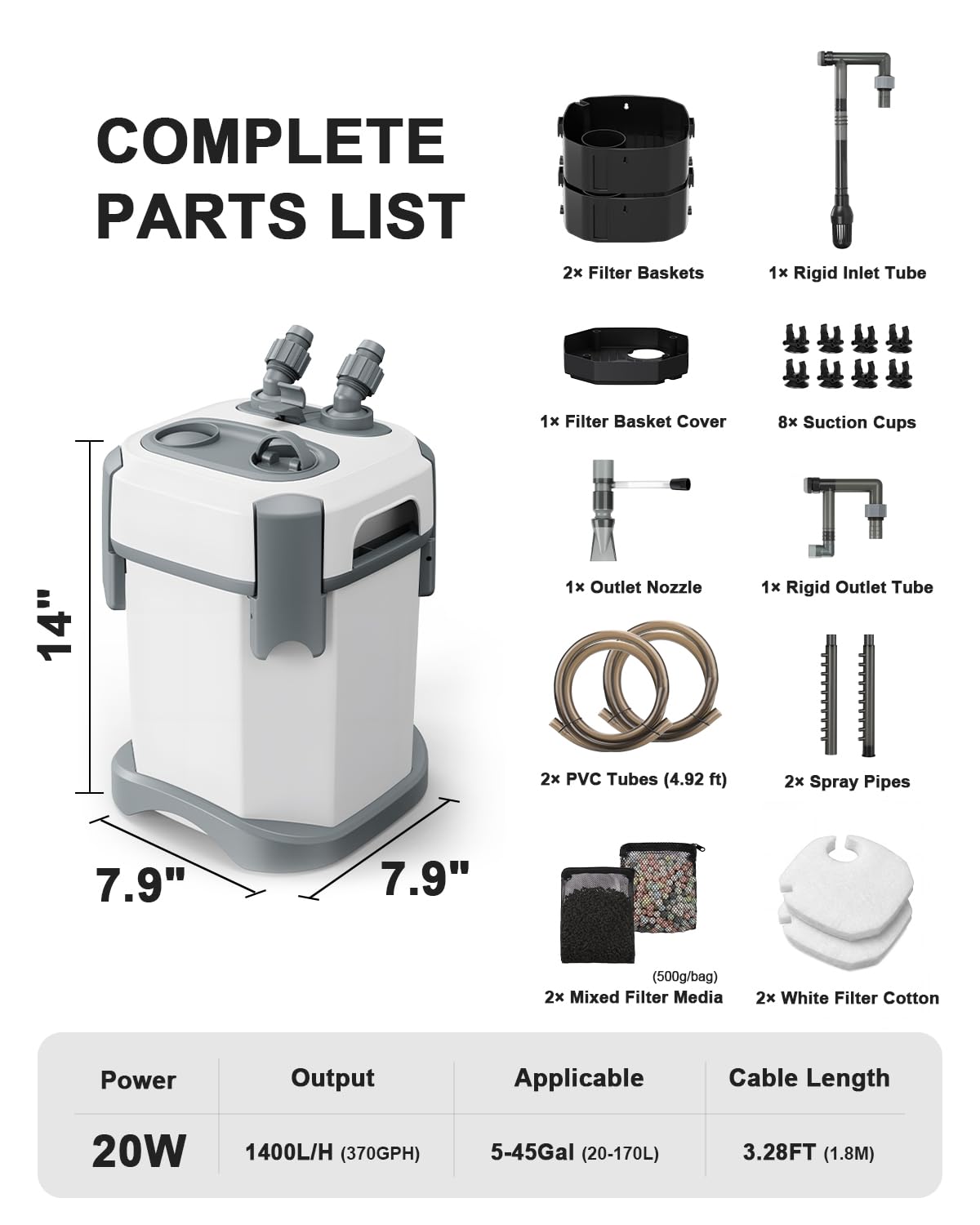 fishkeeper 1400L/H Leise Aquarium Außenfilter mit Einstellbare Durchfluss | Mehrstufiges Starke Aquarium Filter Pumpe, Filterset inkl. Filterwatte & Aktivkohle & Bio-Bäll, Aussenfilter für Süß- & Meer-