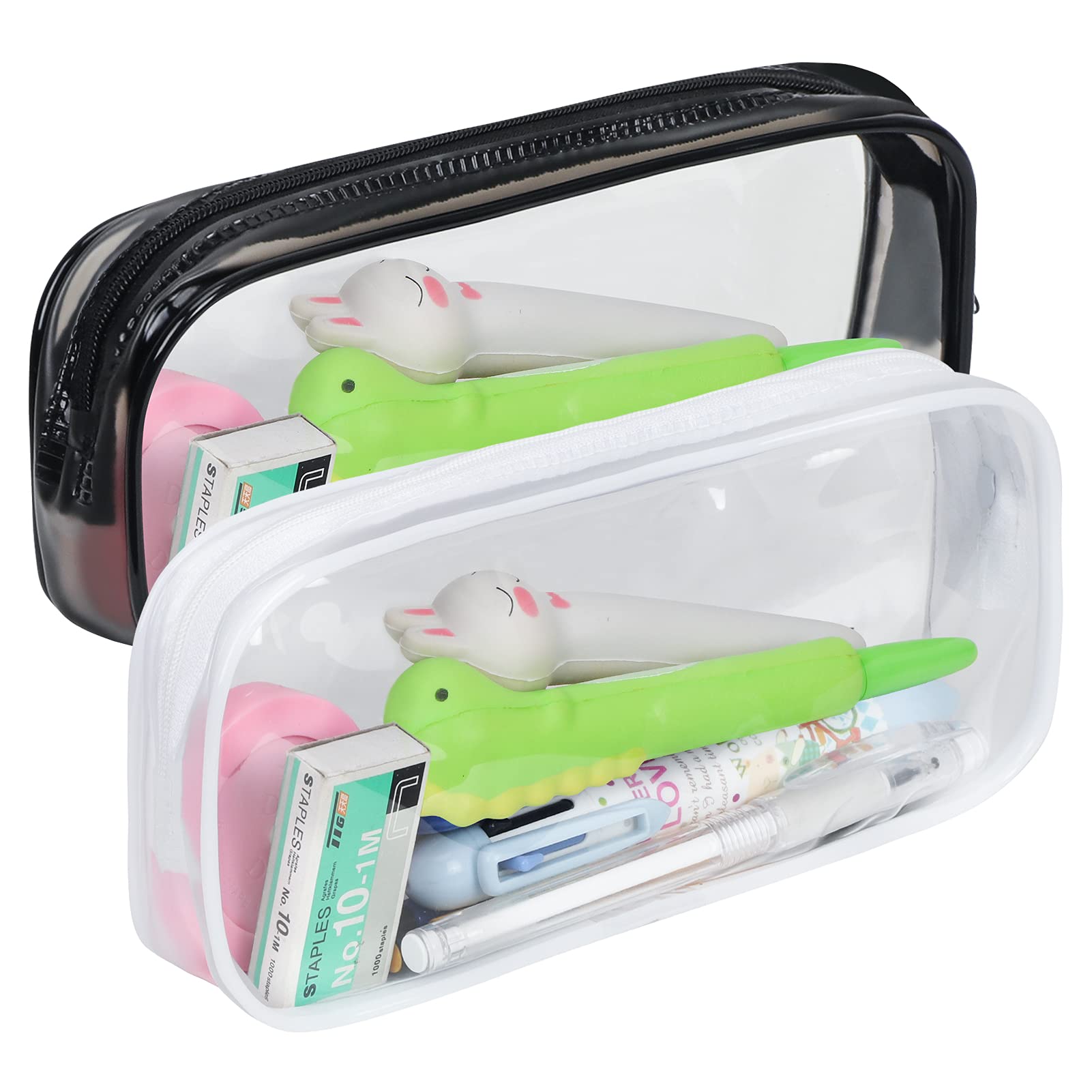 Fyy 2 PCS Pencil Case Set, Clear Exam Pencil Bag, PVC Zipper Pen Pouch, Pencil Storage Pouch, Makeup/Toiletries Bag for Women, Portable Office Stationery Pouch for Students Adults Black+White