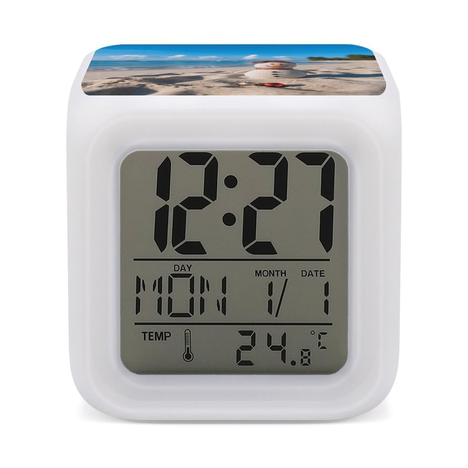 Reloj despertador digital con diseño de muñeco de nieve en la playa y alarma fuerte para regalo