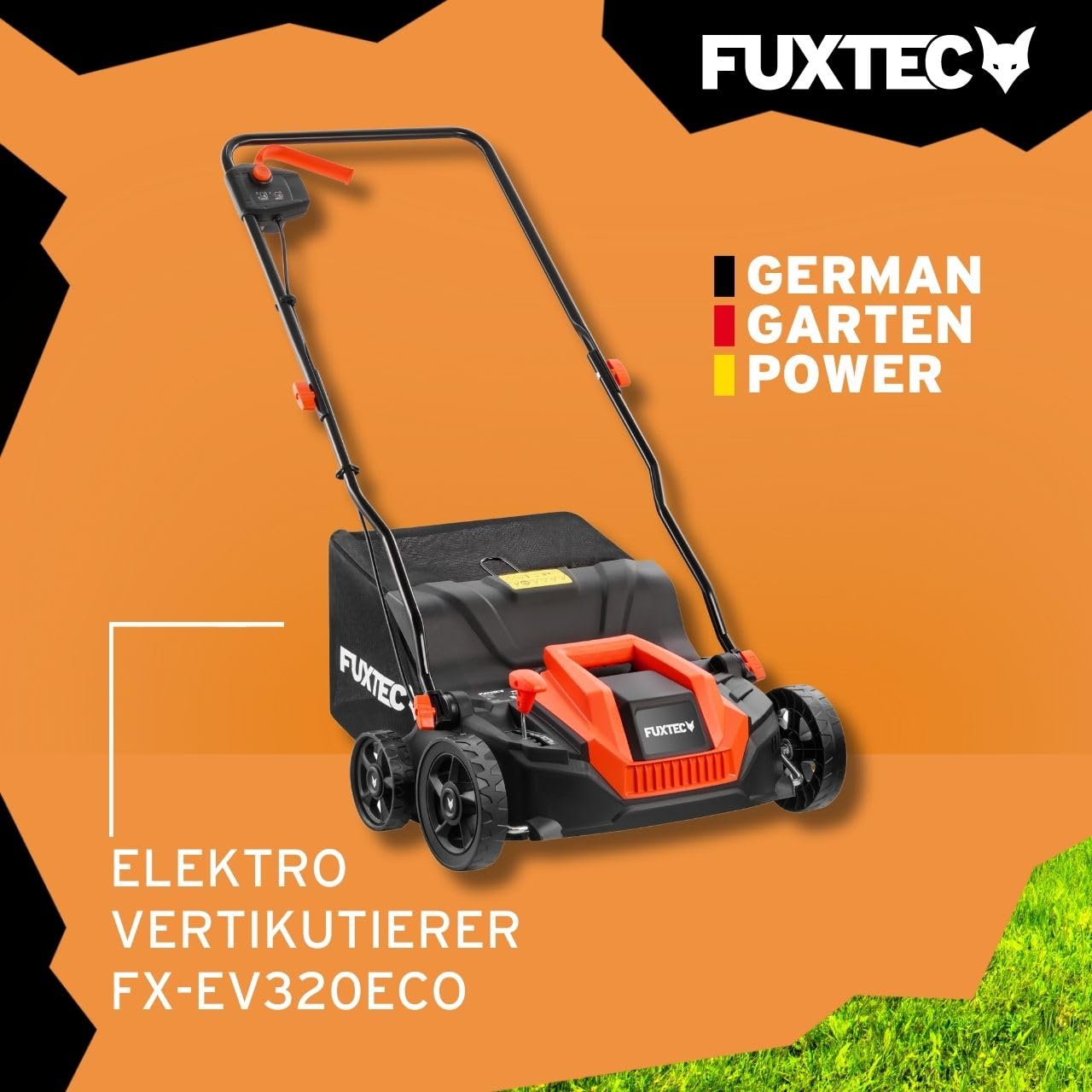 Fuxtec Elektro-Vertikutierer FX-EV320ECO, Rasenlüfter mit 1300 Watt Power, 32 cm Arbeitsbreite und Tiefeneinstellungen von -12 bis +10 mm, 40 L Grasfangkorb