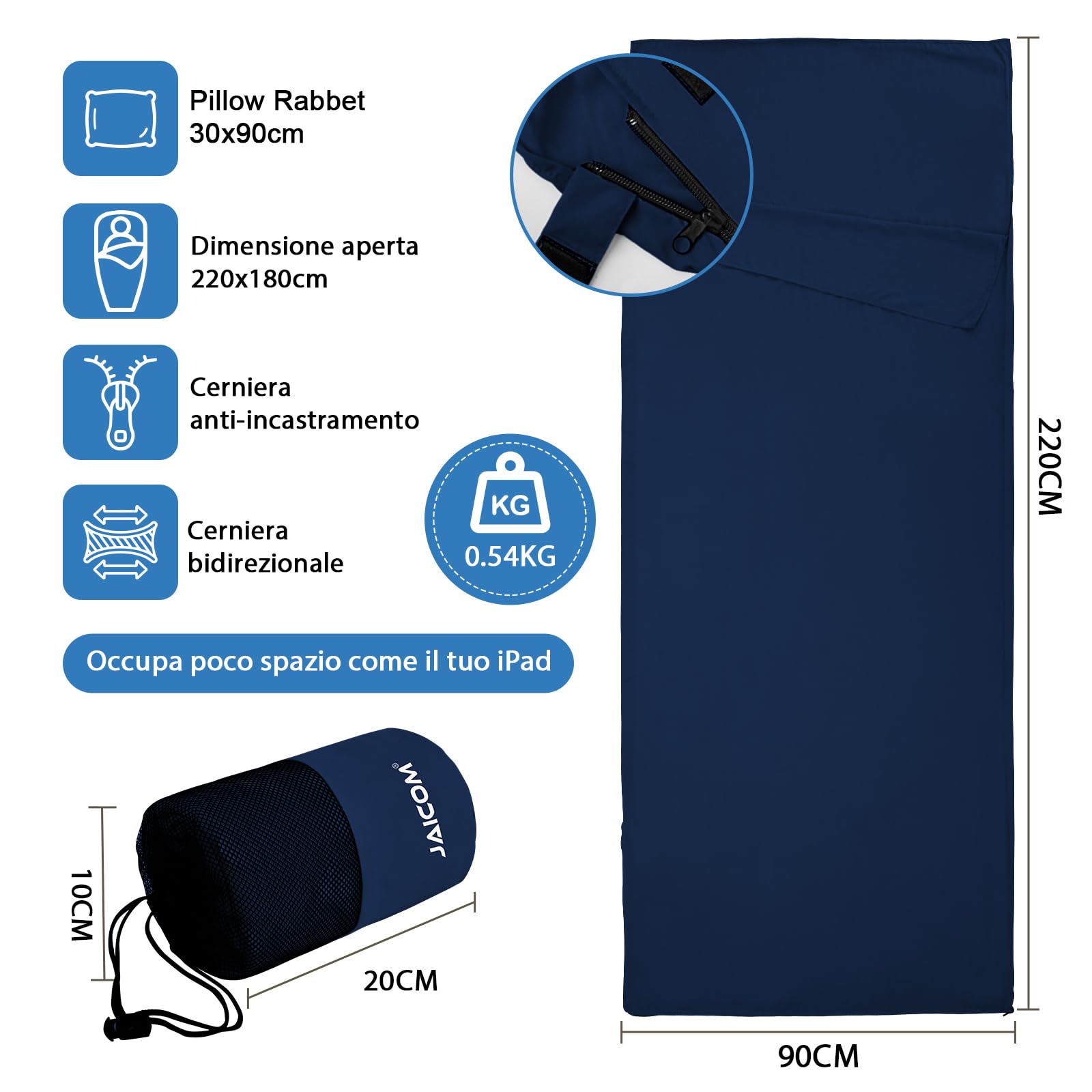 JAICOM Sacco Lenzuolo Sacco a Pelo, Sacco Lenzuolo da Viaggio Ultraleggero e Compatto, 220x90cm, Ideale per il campeggio, l'escursionismo, l'ostello e i viaggi di lavoro