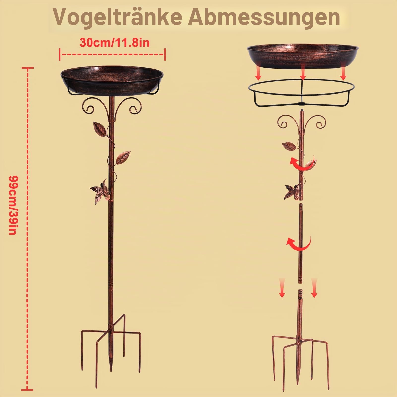 Vogelbad für den Garten, Vogeltränke Stehend, 39In Metall Vintage Freistehendes Vogelbad mit Stabiler 5-Zinken-Basis, Vogeltränke Groß Frostsicher Winterfest, Verbesserte Version
