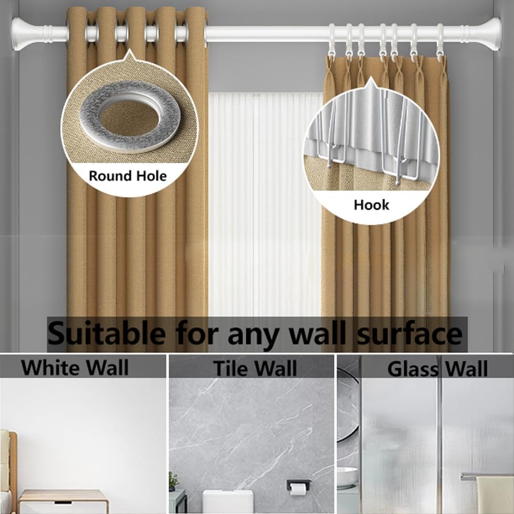 Tension Curtain Rods, 43 to 87 Inch Adjustable Spring Loaded Curtain Rods, White Curtain Rods No Drilling, Heavy Duty Extra Long Tension Rods for Windows Patio Bedroom (with Curtain Ring)