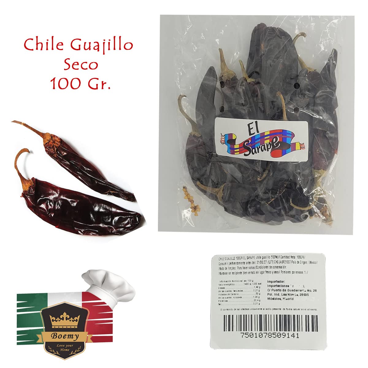 El Sarape Pack Chiles Mexicanos 4 Variedades Chiles Secos 100g Chile de Árbol Guajillo Pasilla Ancho