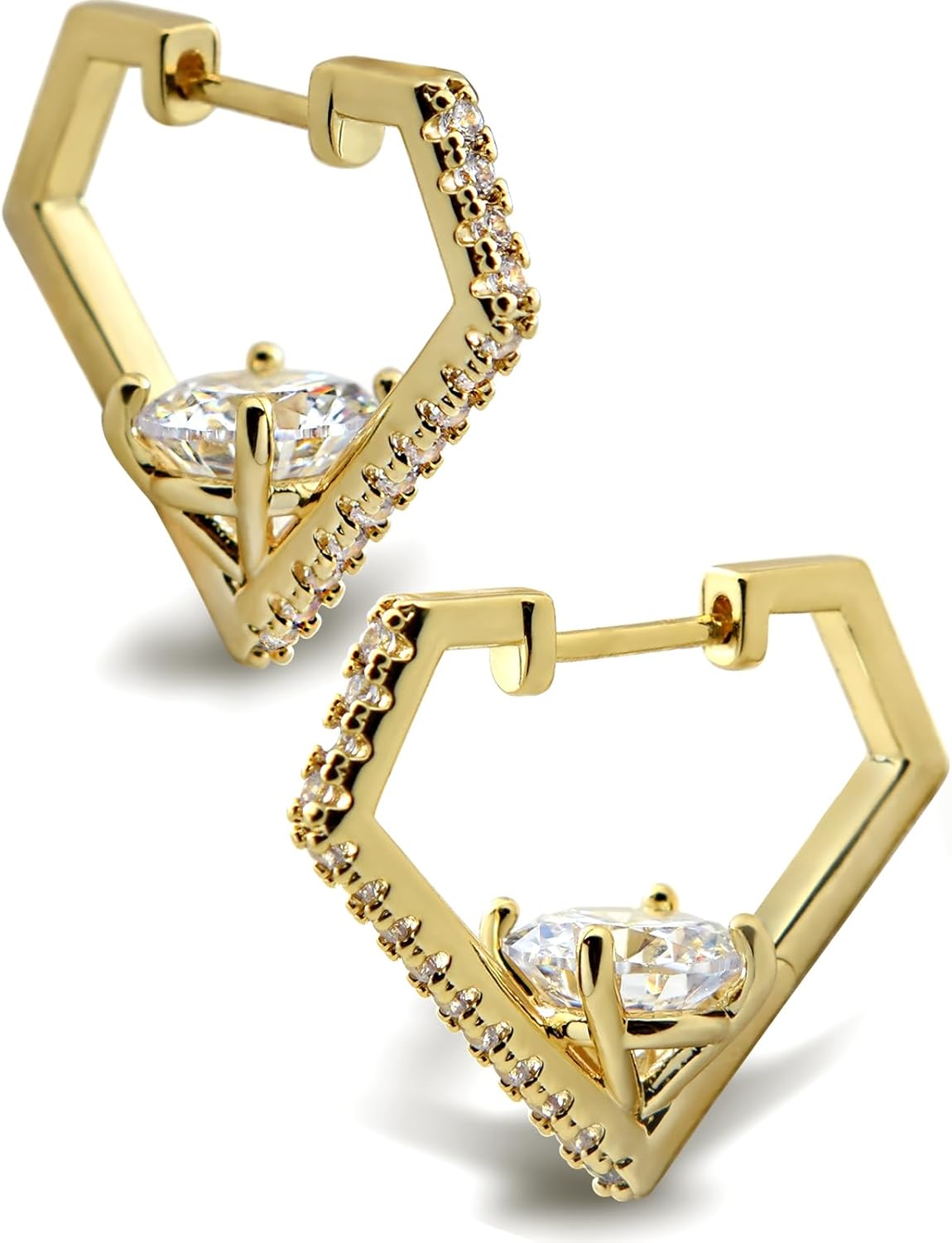 Diamond Shaped Huggie Hoop Earrings for Women Men 14K Gold Plated Cubic Zirconia Cuff Earrings Stud Jewelry Gift