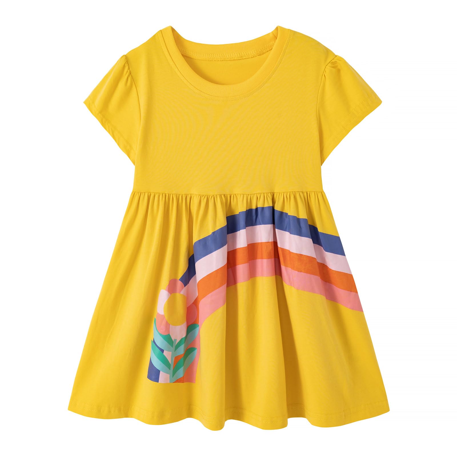 JWWN Toddler Girls Short Sleeve Casual Dress Little Kids Cotton Kneelength Playwear Dresses 2-7Years