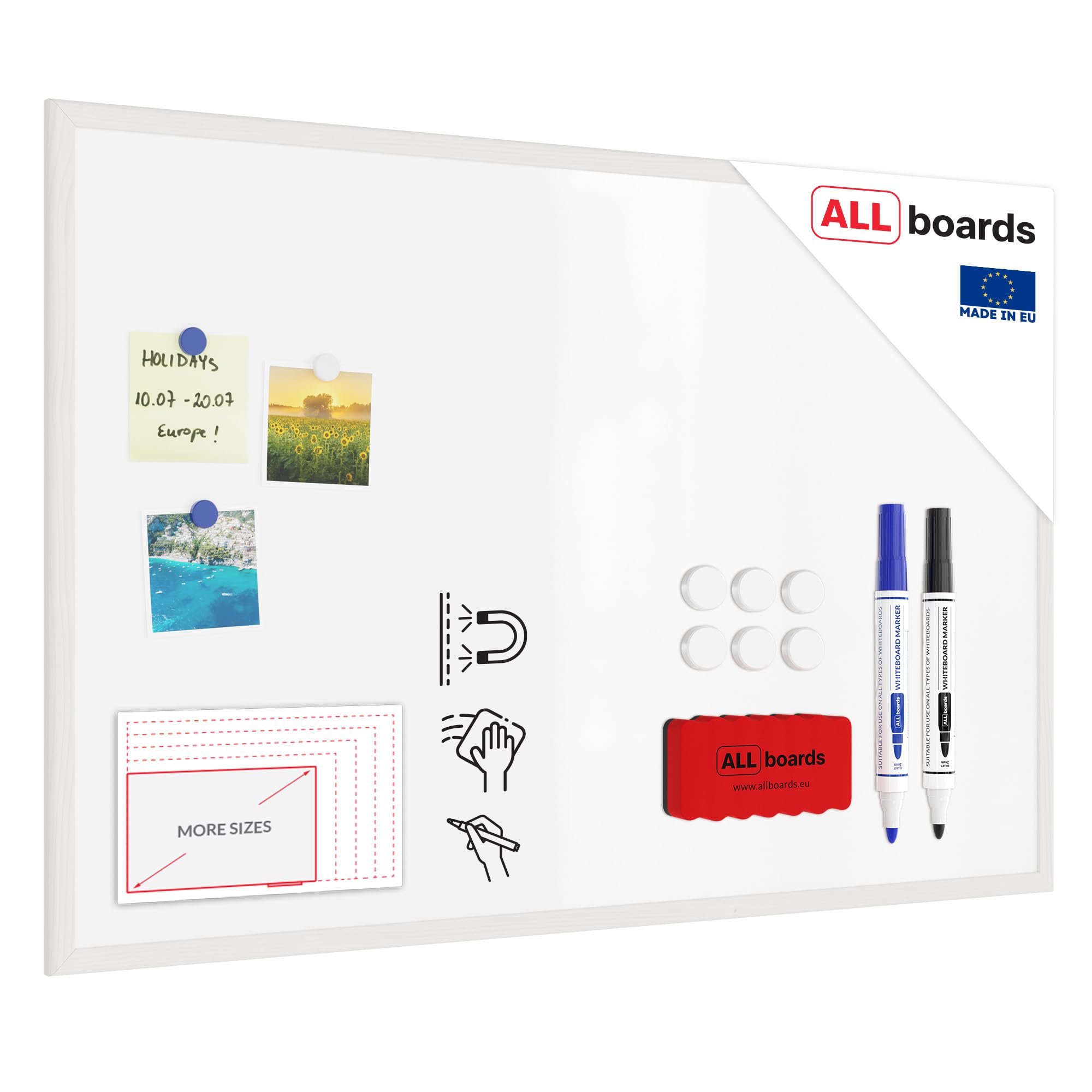 ALLboards Whiteboard mit weißem Rahmen 90x60cm Magnettafel Weiß Magnetisch, Trocken Abwischbar