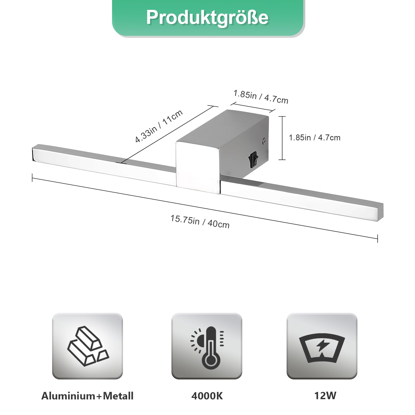 Lampada da Specchio da Trucco 40cm, Luce Specchio Bagno LED 12W, 960 Lumen Bianco Neutra 4000K Applique da Parete IP20 (Cromo)