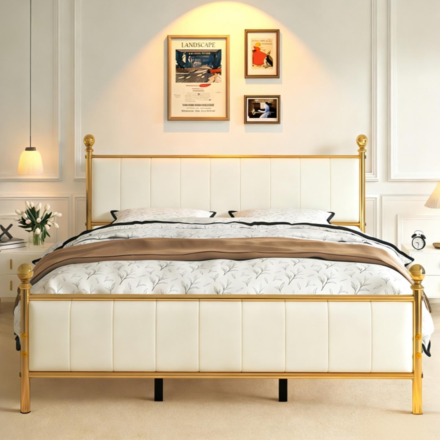 HAY.com King Size Bed Frame with Headboard and Footboard, PU Leather Upholstered Platform Bed Supported by Metal Slats, No Box Spring Needed, Easy Assembly, Gold/Beige