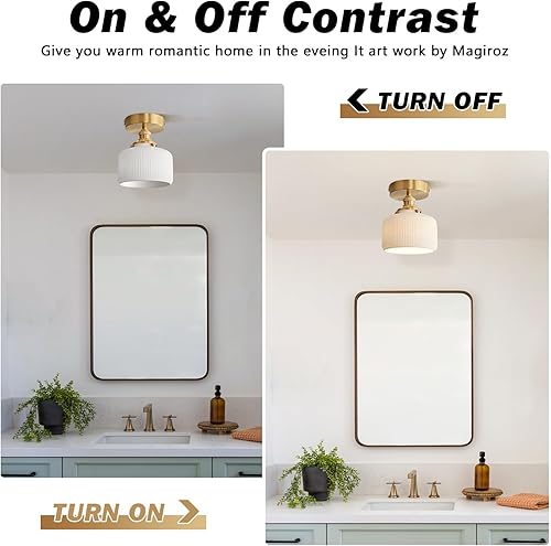 Miniatura 2 de Lámpara de techo semiempotrada de cerámica blanca vintage dorada para cerca del techo, pequeña luz de vidrio de leche montada empotrada para cocina,