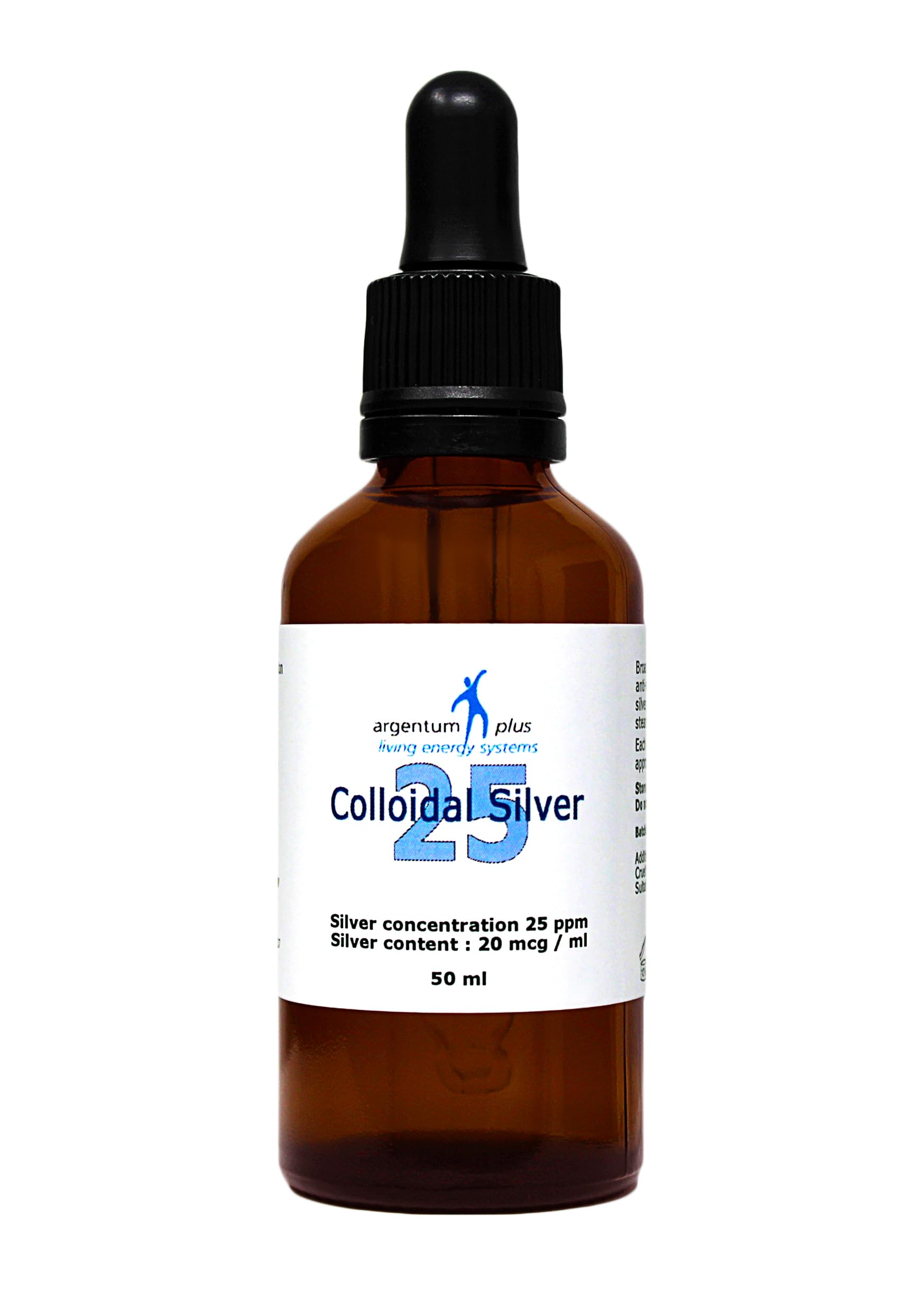 Colloidal Silver 25 ppm - 50 ml Glass Pipette with Glass Dropper Bottle
