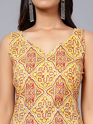 Image of Bani Women Straight Sleeveless Cotton Kurta for Women, Stylish V Neck Floral Printed Long Kurti, Regular Casual Wear for Womens | Cotton Kurti for Women /Party /College