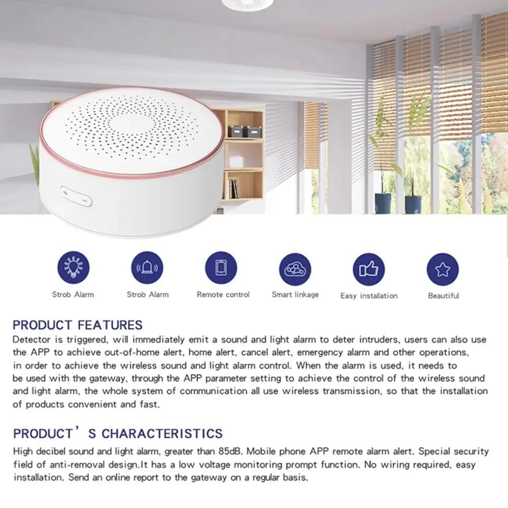 Tuya Smart Zigbee Drahtlose Sirene für Audible und sichtbar, 100 dB, Anti-Manipulation, Wechselstromversorgung, Arbeitslautstärkeneinstellung, EU-Stecker