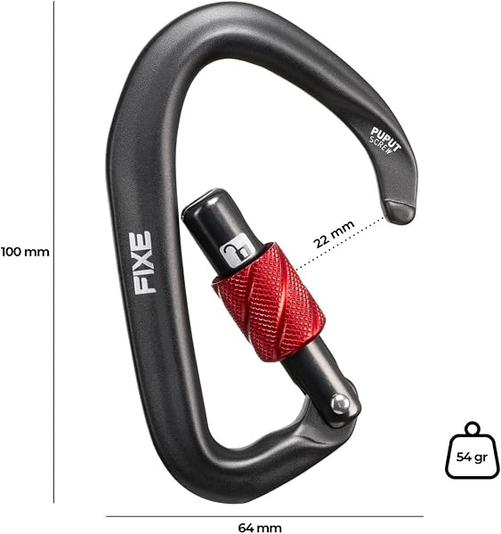 FIXE - Mosquetón Puput Screw con Cierre de Rosca – Ultraligero 44 g – Aluminio 7075 – Snagfree, Conical Nose y Lock Check – Seguridad 22 kN – Color Gris - 2