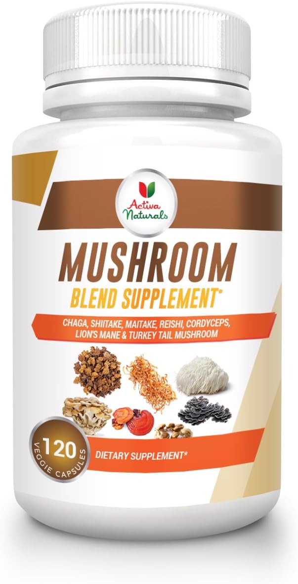 Mushroom Supplement with Turkey Tail, Reishi, Lion Mane, Maitake, Cordyceps, Chaga & Shiitake Mushrooms, 120 Veggie Capsules